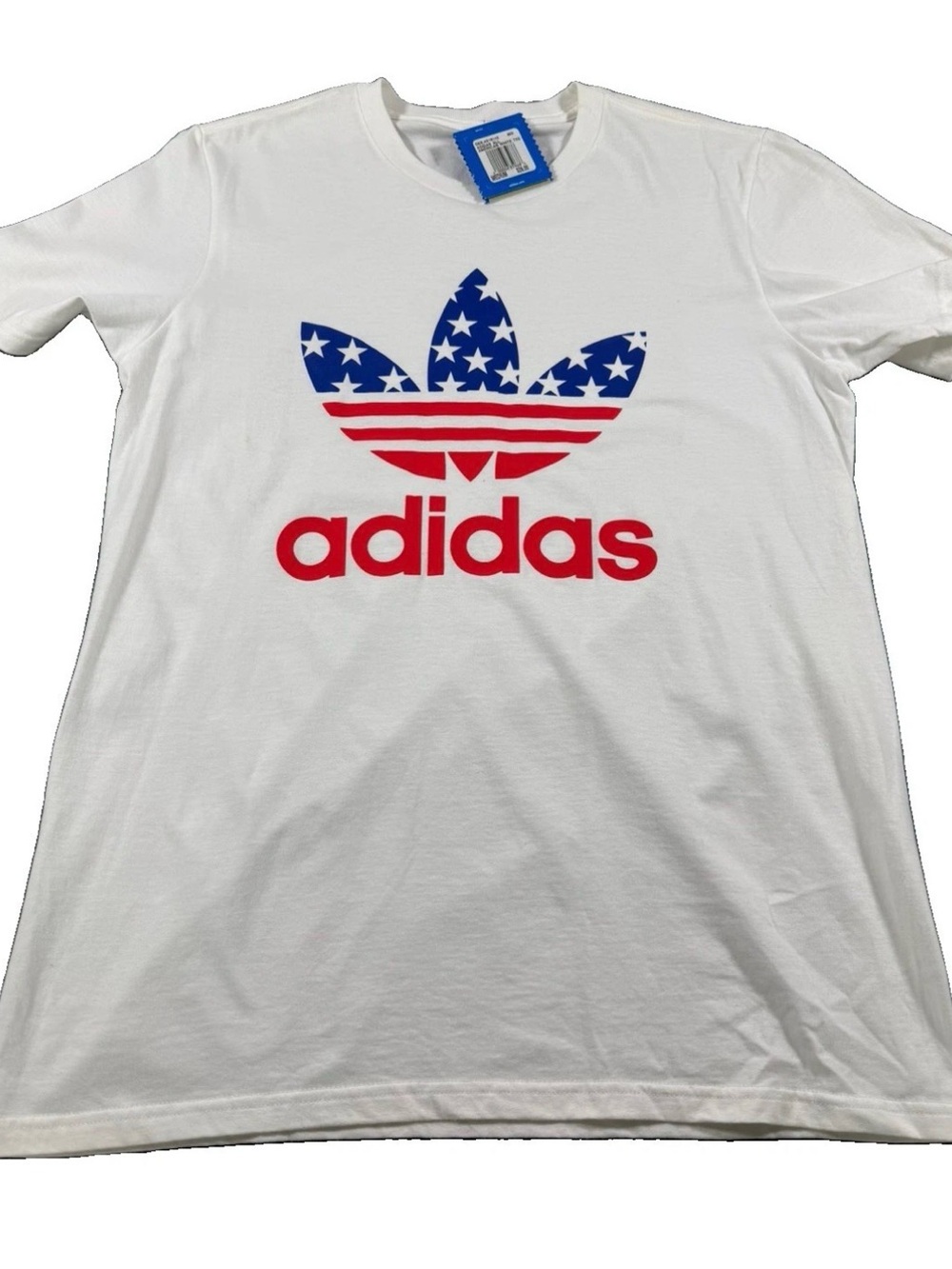 adidas White Short Sleeve Logo Tee with Red and Blue American Flag Trefoil